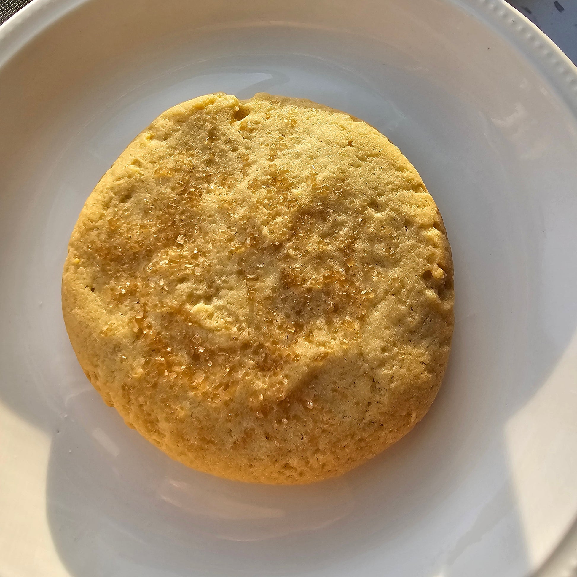 A round golden-brown baked cookie with brown surger on top, sits centered in a white plate, 